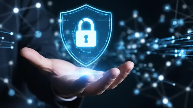 Hands holding digital security shield with lock icon