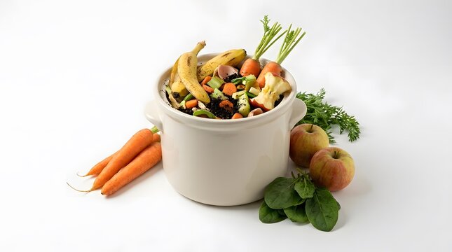 Sustainable kitchen compost bin containing organic food scraps including banana peels and apple cores with fresh vegetables on white background