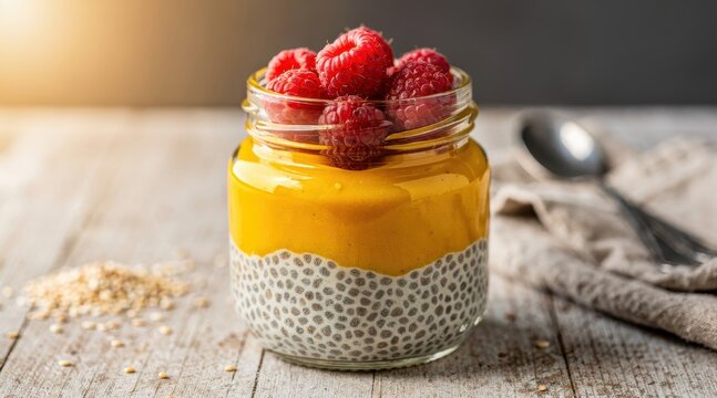 A glass jar holds a creamy layer of nutrient dense chia seed pudding topped with vibrant fresh raspberries as a delicious morning breakfast meal displayed on a rustic weathered wooden kitchen
