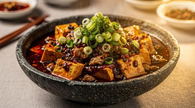 A steaming hot bowl of traditional spicy mapo tofu featuring soft bean curd chunks simmered in a fragrant chili sauce and topped with fresh sliced green onions for a savory authentic dinner dish