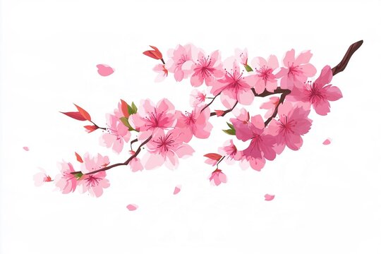 A cherry blossom branch with pink flowers and falling petals in flat design, spring season concept, flat vector illustration