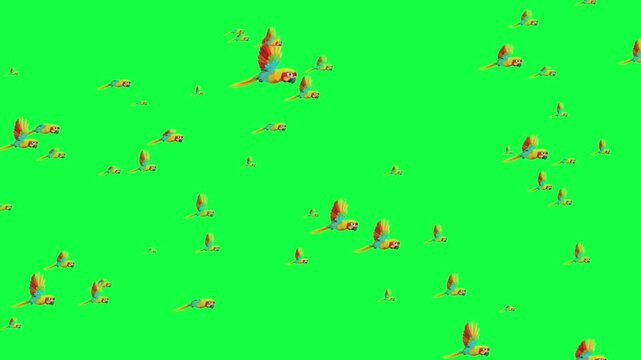 A Large Flock Of Vibrant Multi-Colored Tropical Parrots Flying In A Coordinated Formation Against A Bright Solid Chroma Key Green Background Representing Natural Wildlife Migration Patterns In A Studi