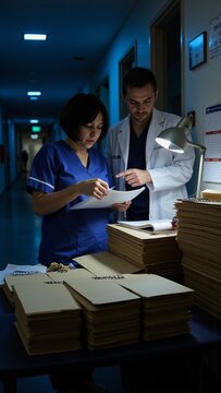 Healthcare Staff Reviewing Medical Records at Night