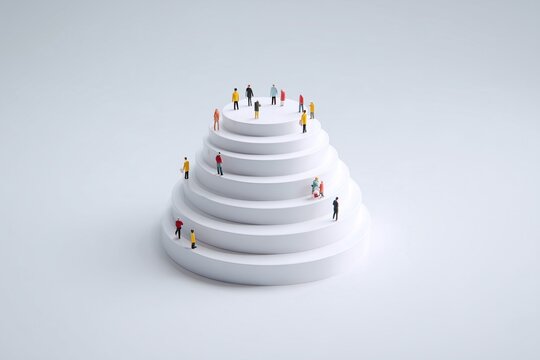 Isometric view of tiny people standing on three stacked white rings of decreasing size, levels and hierarchy concept, 3D illustration