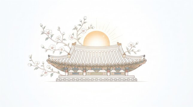 Traditional korean hanok building with cherry blossoms