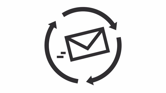 Mail envelope inside circular refresh arrows cartoon animation for email synchronization icon and repeat delivery message symbol isolated on an alpha channel.