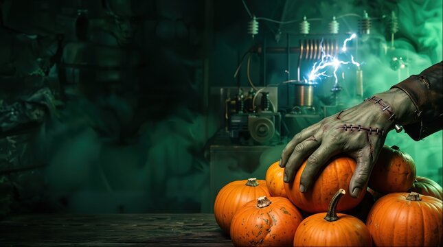 Frankenstein Monster Hand Reaching for Pumpkins in Mad Scientist Laboratory