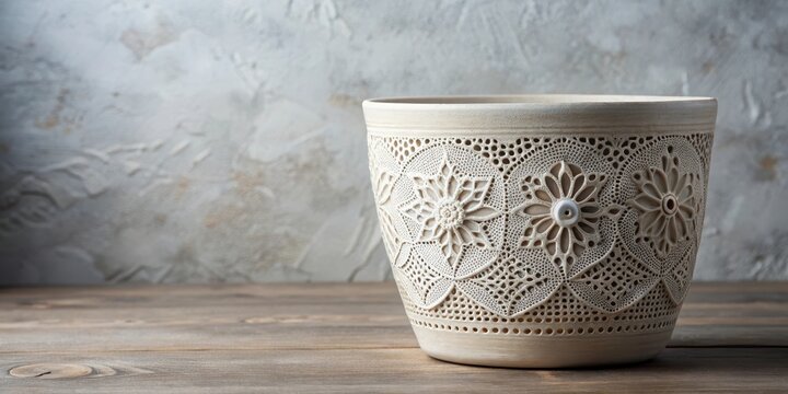 Minimalist ceramic flowerpot with intricate Nordic-style lace patterns and delicate floral accents, creating a sense of understated refinement in any room , subtle motifs, lace pattern