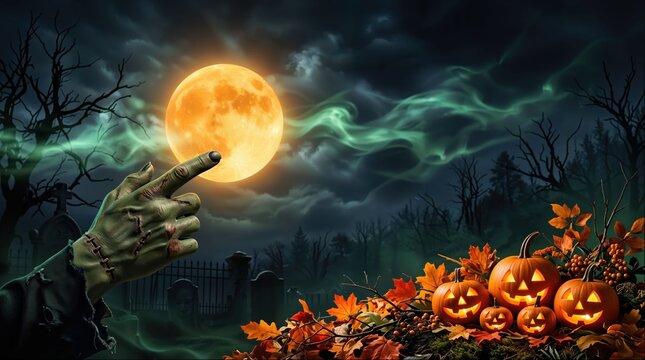 Zombie Monster Hand Pointing at Full Moon Over Halloween Graveyard