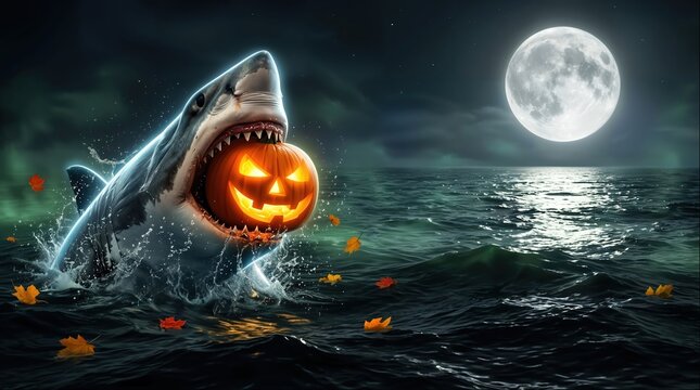 Great White Shark Holding Glowing Halloween Pumpkin in Mouth at Night Ocean