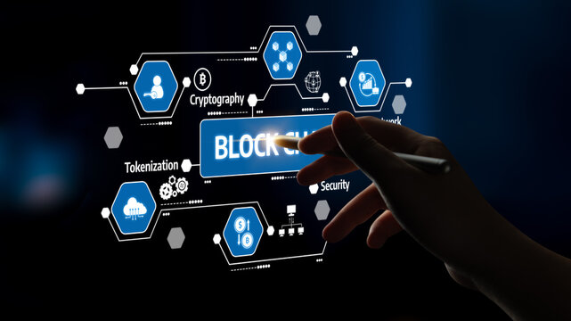 A close-up of a hand interacting with a digital display showcasing blockchain technology elements like tokenization and security in a modern design. Tessel