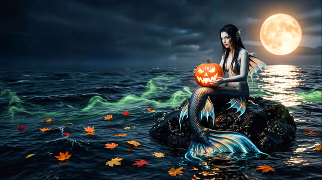 Mystical Mermaid Holding Jack-o'-Lantern on Rock in Sea at Night