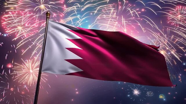 National flag of qatar waving with fireworks in the night sky