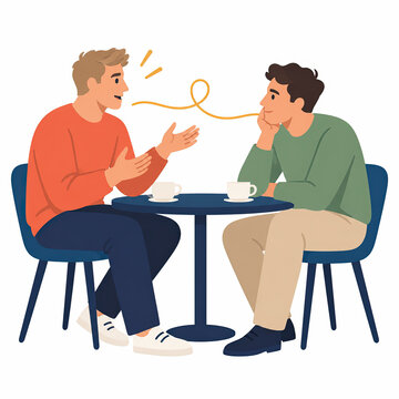 Two male friends having supportive conversation over coffee at table. Men talking about emotions and mental wellbeing flat vector