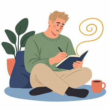 Young man writing notes in personal mental health journal at home. Expressive journaling and mindful reflection vector illustration