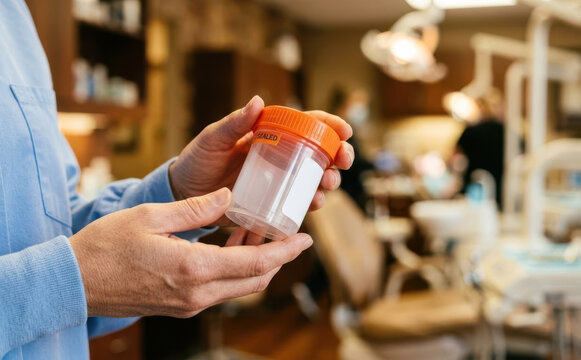 Nurse holding a urine sample container in a medical clinic for medical testing