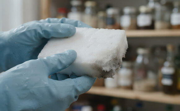 Person in blue rubber gloves holding a dirty melamine sponge for household cleaning and surface maintenance