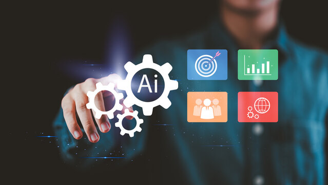 Business manager uses AI automation to optimize workflow, improve productivity, analyze performance, support decision making, streamline operations, drive innovation, accelerate digital transformation