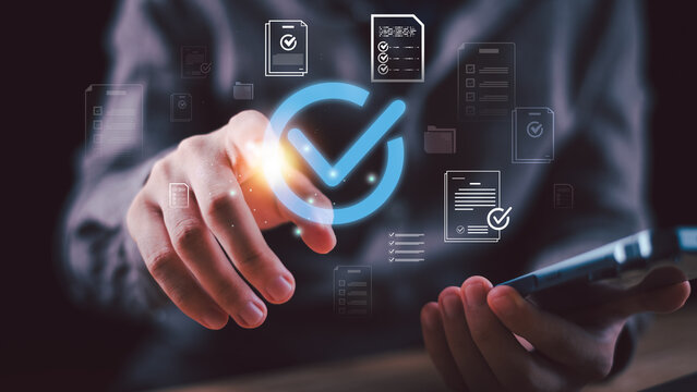 Business manager uses a digital document approval workflow for compliance review, checklist verification, quality assurance, data validation, process automation, and secure document management.