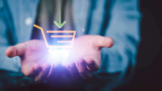 Ecommerce manager presents digital retail technology for shopping, customer conversion, product ordering, checkout, purchase transactions, sales growth, consumer convenience, modern commerce strategy.