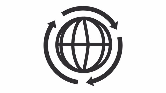 Globe grid icon inside circular refresh arrows cartoon animation for global network synchronization symbol and a minimalist international network connection logo isolated on an alpha channel.