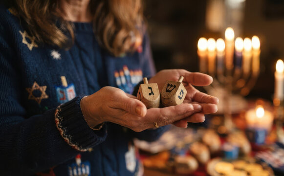 Woman holding Hanukkah dreidels wearing a festive sweater with menorah and Star of David patterns