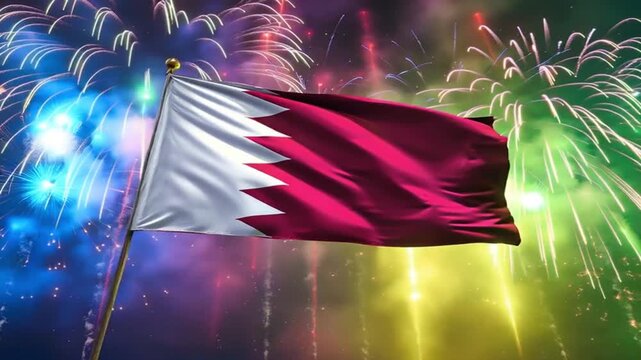 Qatar flag waving with colorful fireworks background