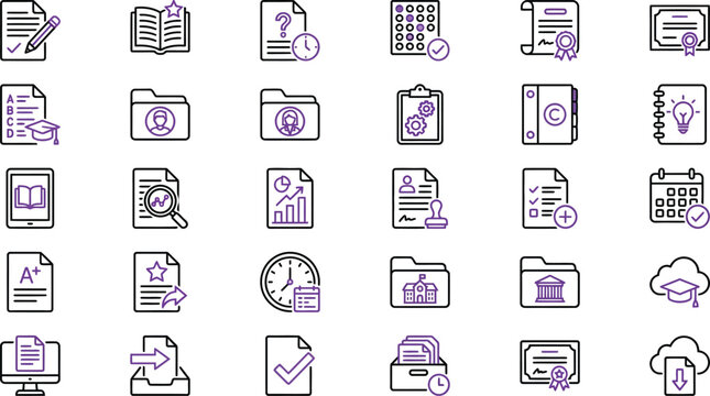 Set of hand drawn business and document icons featuring office supplies and professional paperwork sketches