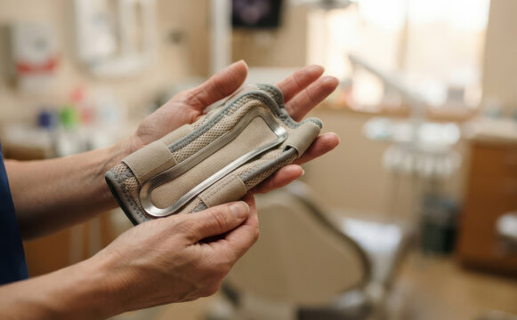 Medical professional holding wrist brace splint for carpal tunnel syndrome treatment in clinic