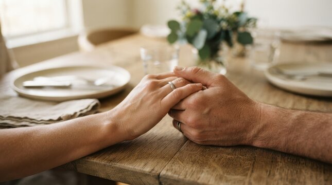 Close up of an adult caucasian couple holding hands on a dining table with wedding rings representing love and commitment