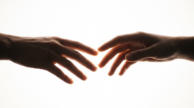 Two hands nearly touching against a bright white background