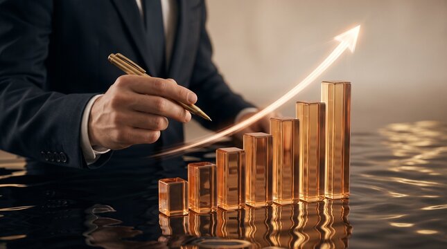 Man points at ascending bar graph with glowing upward trend