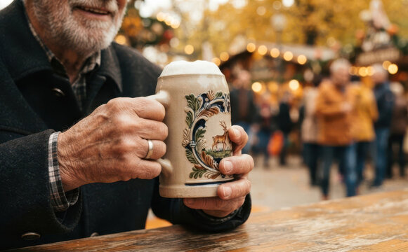Elderly man holding a traditional ceramic beer stein at an autumn festival outdoor market
