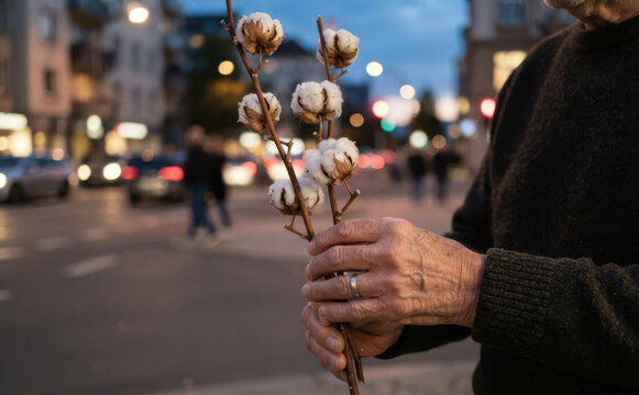 Elderly man holding dry cotton branches in hands on evening city street background