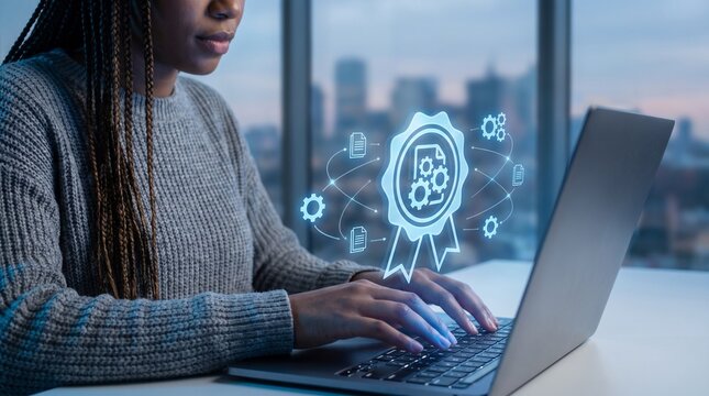 Woman working on laptop with holographic quality assurance icon display