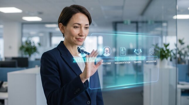 Businesswoman interacting with a holographic interface displaying workflow icons