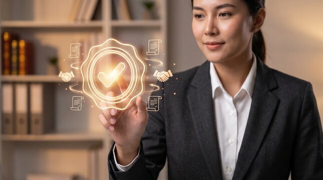 Woman interacting with glowing checkmark and contract icons in a business setting
