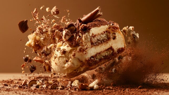 Exploding tiramisu dessert with chocolate and nuts in mid-air motion