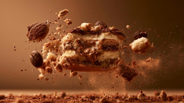Explosion of tiramisu cake with cocoa powder and hazelnuts in mid-air