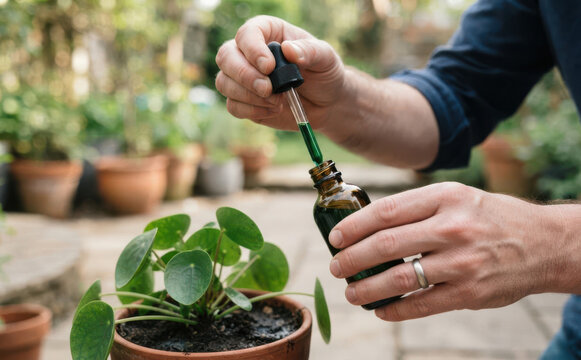 Man applying liquid plant food fertilizer with a dropper to a potted Chinese money plant in a garden