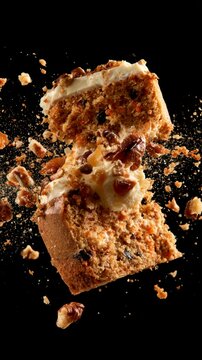 Delicious carrot cake slice with cream cheese frosting and nuts exploding