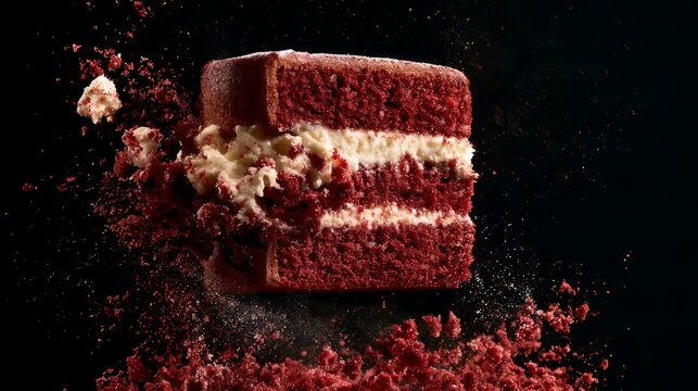 Decadent slice of red velvet cake with cream cheese frosting in motion
