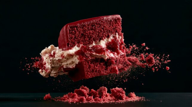 Decadent red velvet cake slice exploding with cream and crumbs in mid-air