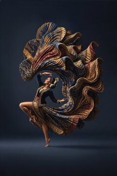 Traditional Javanese Batik Dancer in Dramatic Pose, Swirling Golden Dress on Dark Background, Indonesian Cultural Dance Portrait
