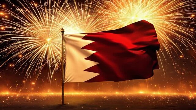 Bahrain national flag waving against a festive fireworks background