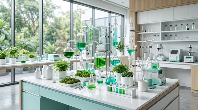 Modern laboratory for botanical research, scientific glass equipment with green liquid, sustainable biotechnology lab with plants and glassware