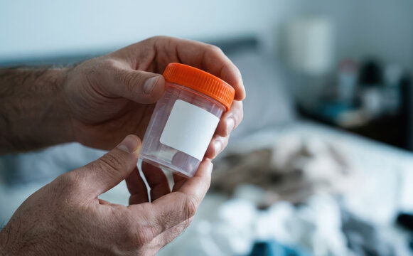 Adult caucasian man holding sample container with drug test in bedroom representing medical checkup