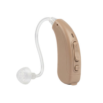 A beige behind the ear hearing aid device with a clear plastic tube and a small dome tip for sound amplification isolated on white background isolated on a transparent background