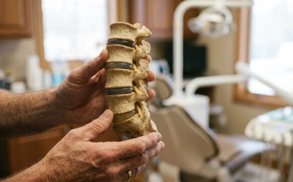 Chiropractor holding anatomical spine model in a clinic representing back pain and orthopedic care