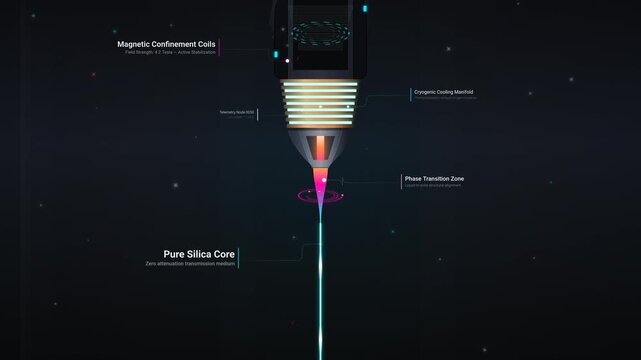 Futuristic animation illustrating the process of microgravity fiber optic manufacturing, featuring a pure silica core, magnetic confinement coils, and cryogenic cooling